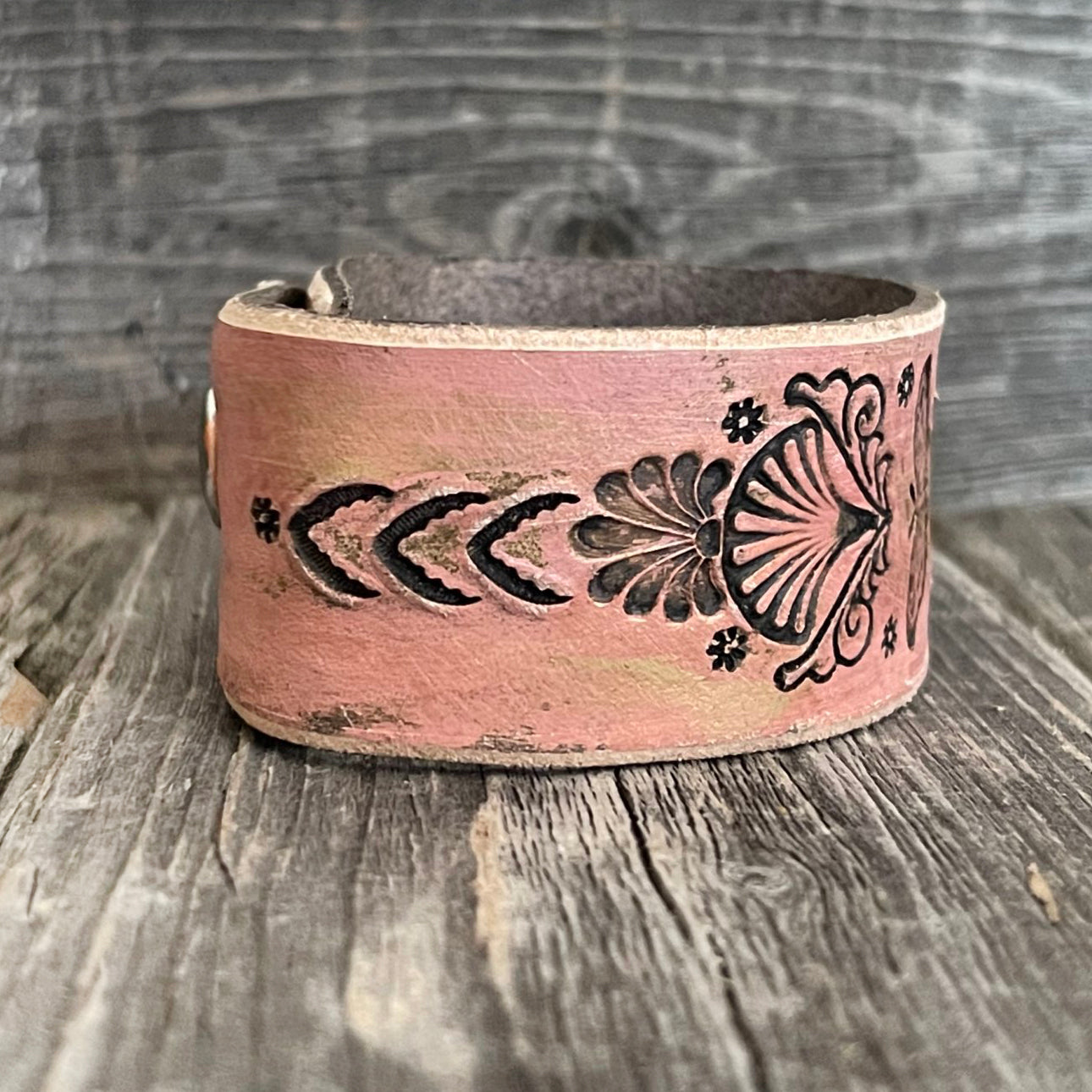 Pale Pink Boho Tooled Leather Bracelet with Butterfly Sea Shells