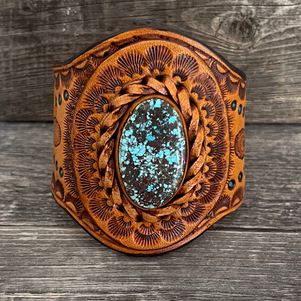 One of a Kind - Tooled Leather Bracelet with Kingman Turquoise