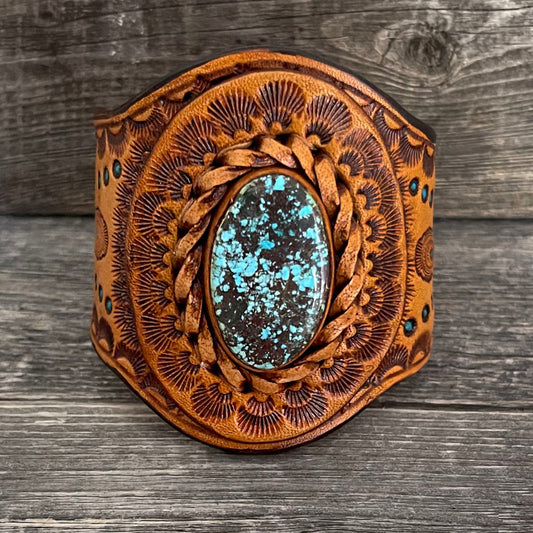 One of a Kind - big statement tooled leather bracelet with genuine Kingman Turquoise cabochon