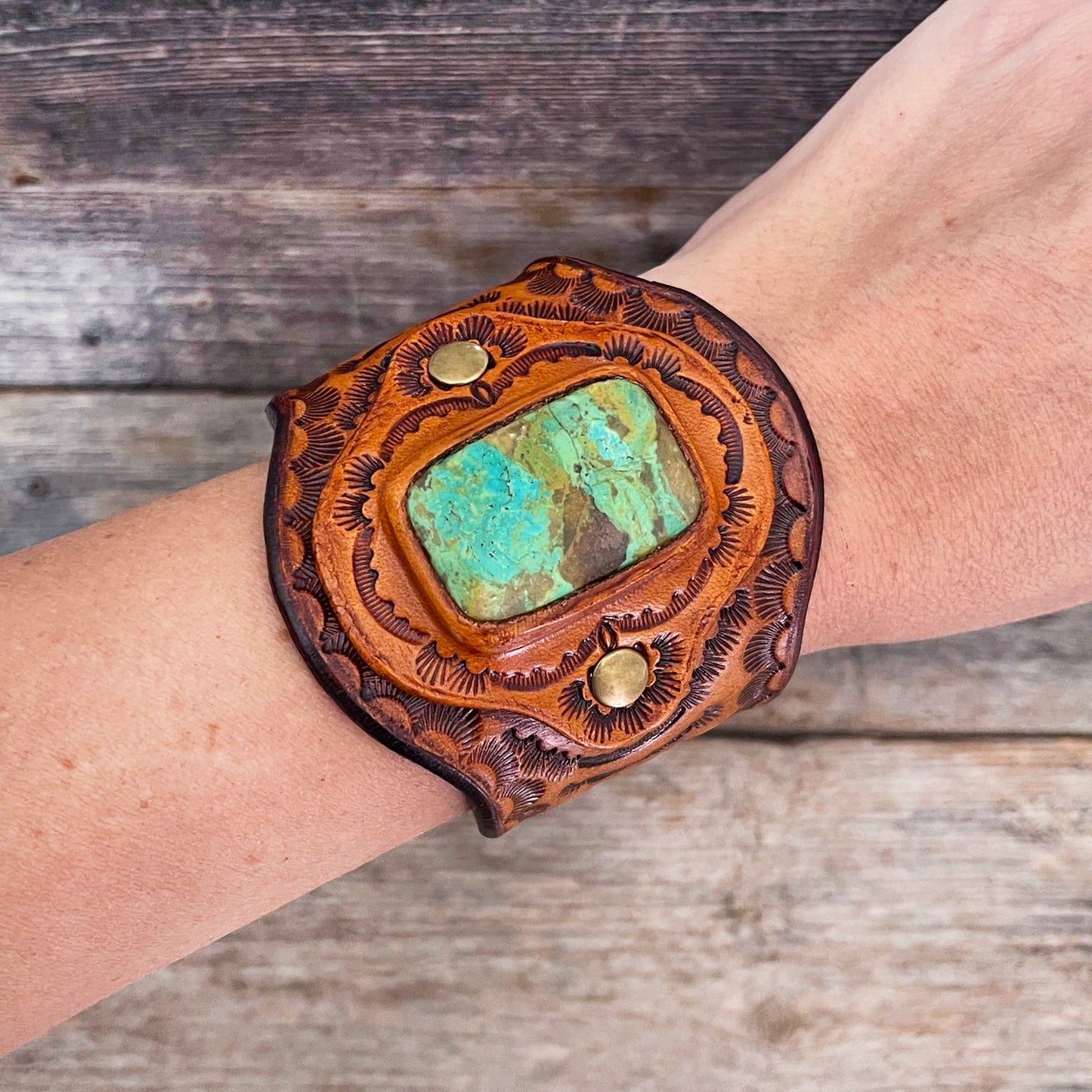 One of a Kind - Leather Bracelet with Rectangle Kingman Turquoise