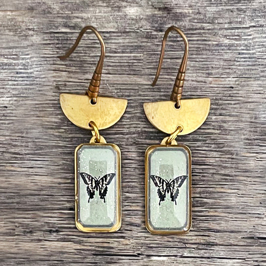 Butterfly Drop Earrings with Brass Half Moon Connector