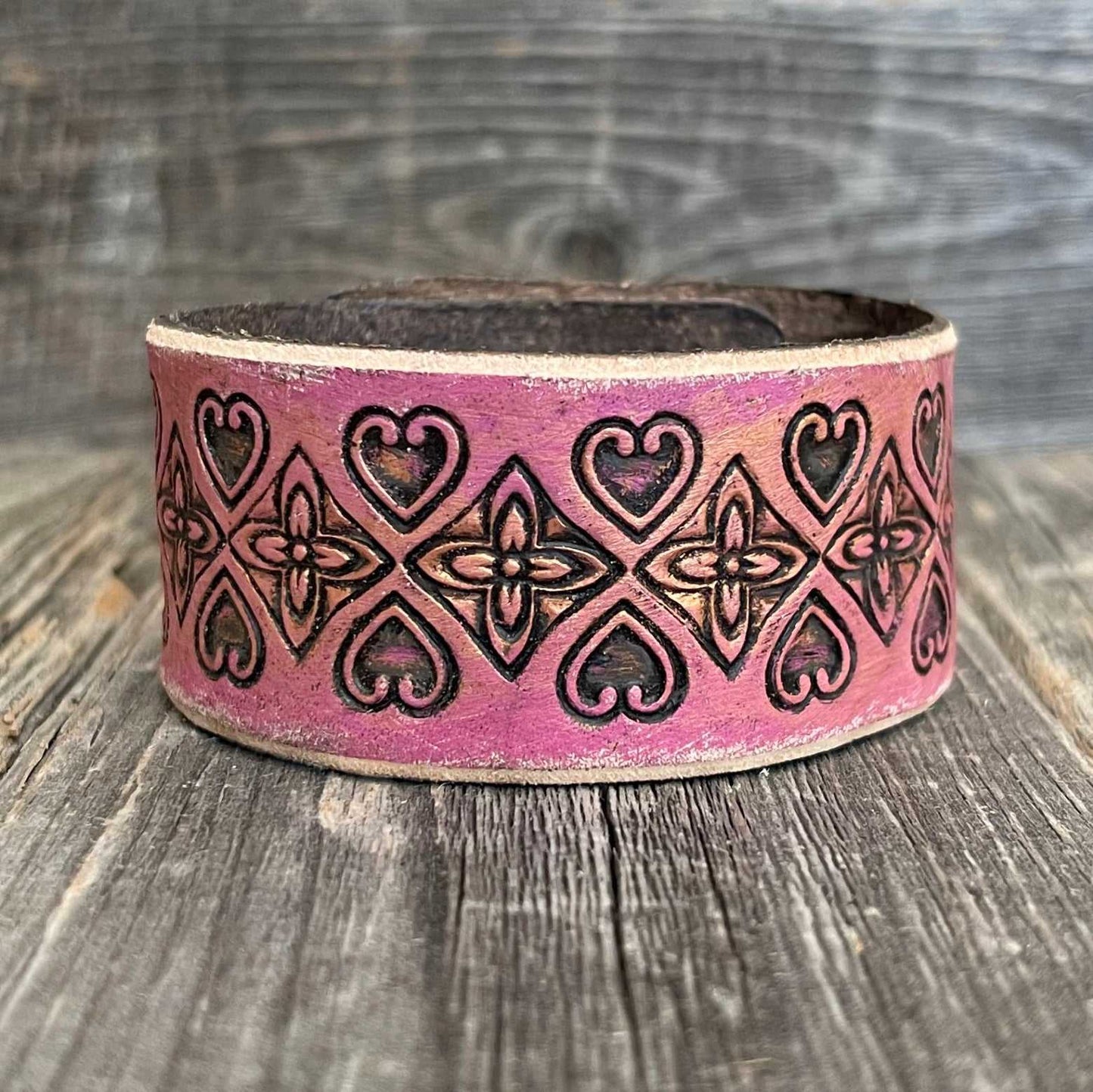 One of a kind, genuine tooled leather wide boho bracelet with tooled hearts pattern