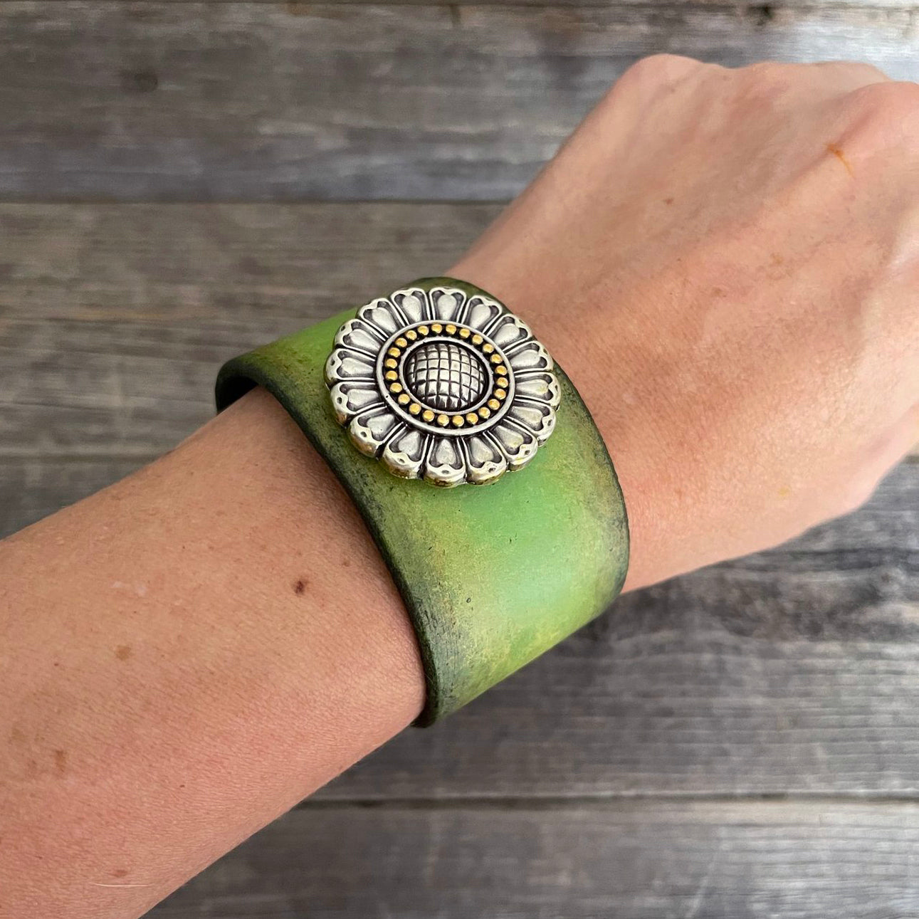 MADE TO ORDER - Ombre Green Bracelet with Sunflower Concho