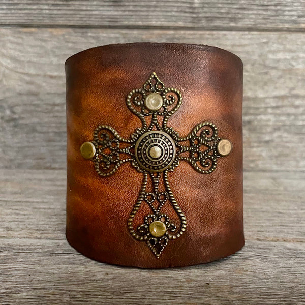 MADE TO ORDER - Wide Antique Cross Leather Bracelet | Boho Accessories