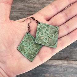 One of a Kind Rhomboid Aqua Leather Tooled Earrings