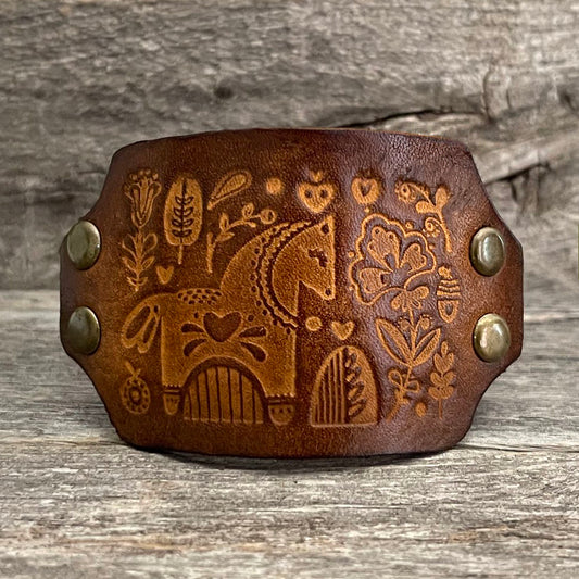 MADE TO ORDER - Genuine Leather Bracelet with Tooled Horse Design