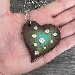 MADE TO ORDER - Leather Heart Swarovski Crystals Pendant Necklace