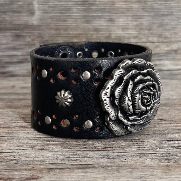 Genuine Die Cut Leather Bracelet with Silver Rose Concho