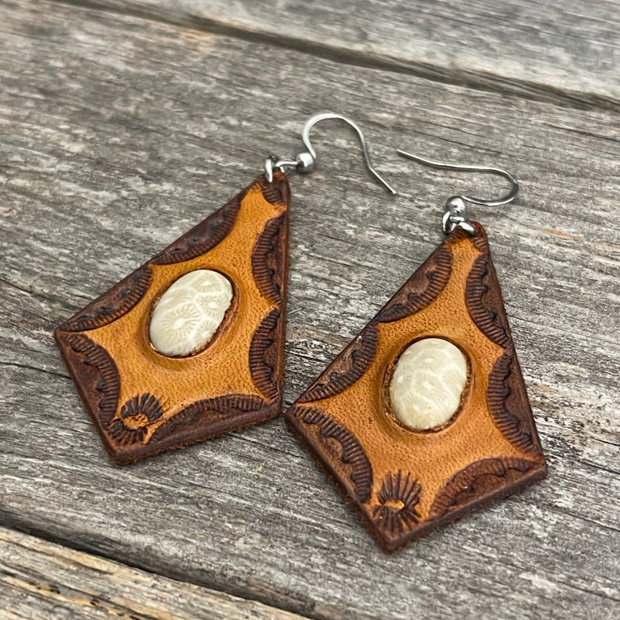 One of a Kind - White Coral Inlay Leather Earrings