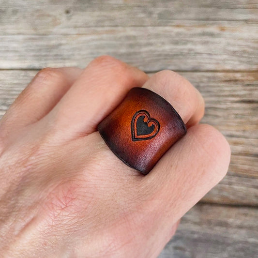 MADE TO ORDER - Genuine Ombre Tooled Heart Leather Ring