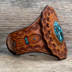 One of a Kind - Tooled Leather Bracelet with Navajo Spiderweb Turquoise