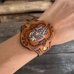 One of a Kind Tooled Leather Bracelet Wild Horse Turquoise Stone