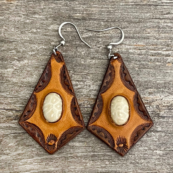 One of a Kind - White Coral Inlay Leather Earrings