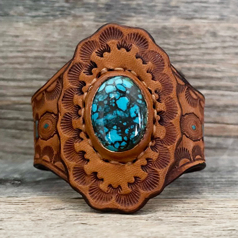 One of a Kind - Tooled Leather Bracelet with Navajo Spiderweb Turquoise