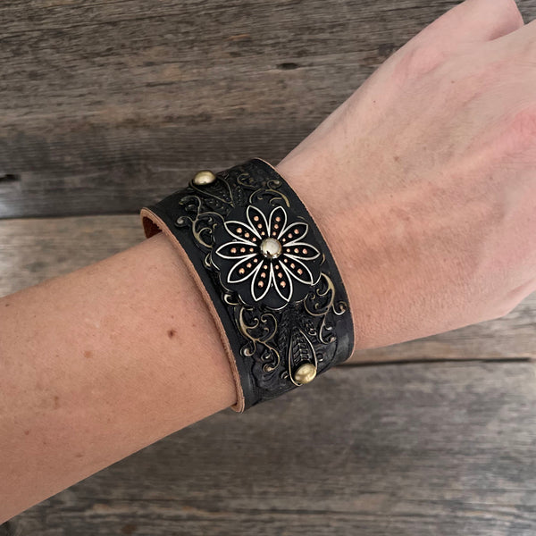 One of a kind, Handmade Leather Bracelet, black and silver flower concho