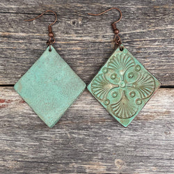 One of a Kind Rhomboid Aqua Leather Tooled Earrings