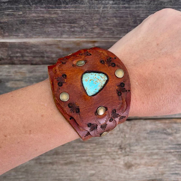 One of a Kind, genuine leather bracelet with Blue Gem turquoise