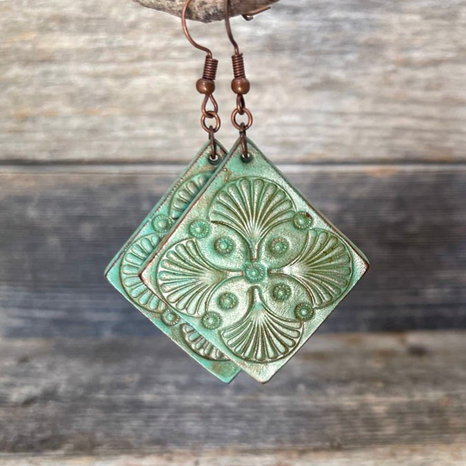 One of a Kind Rhomboid Aqua Leather Tooled Earrings