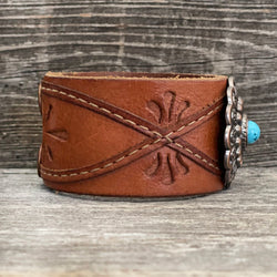 One of a kind Genuine Threaded Leather Bracelet with Flower Concho