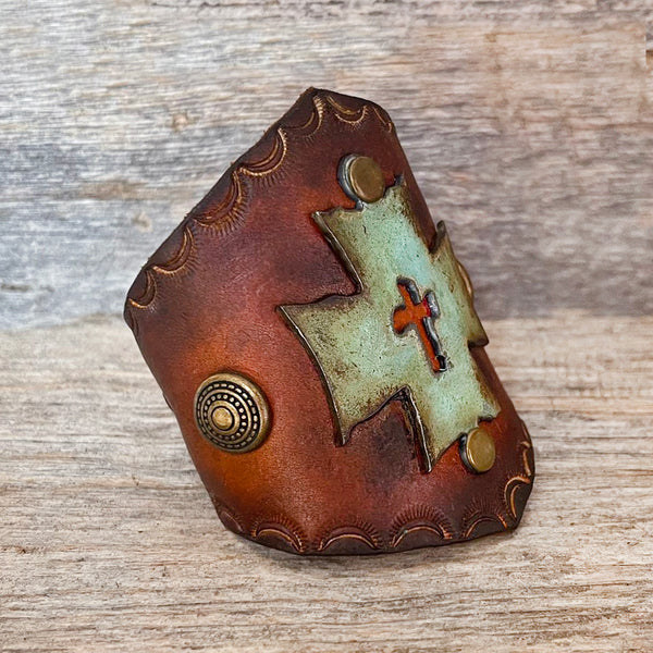 MADE TO ORDER - Wide Leather Bracelet with Pewter Patina Cross