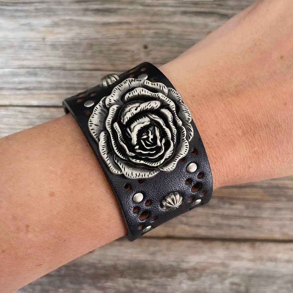 Genuine Die Cut Leather Bracelet with Silver Rose Concho