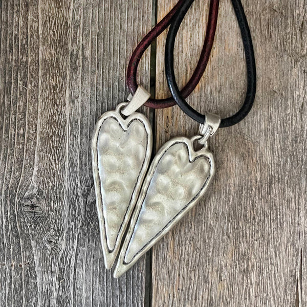 MADE TO ORDER - Tibetan Long Heart Pendant Leather Necklace