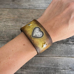 MADE TO ORDER - Yellow/brown Leather Bracelet with Heart Concho