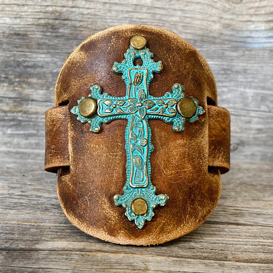 MADE TO ORDER - Patina Cross Leather Bracelet: Bohemian Charm for Wrist Elegance