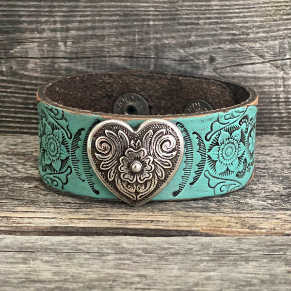 One of a kind Genuine Tooled Leather Two Tone Concho Bracelet