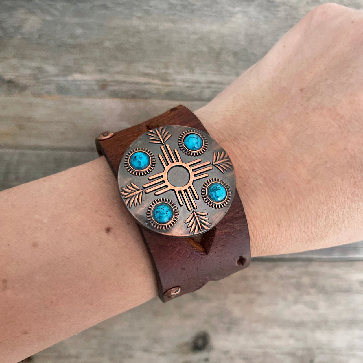 One of a Kind Genuine Leather Die Cut Bracelet with Mandala Concho