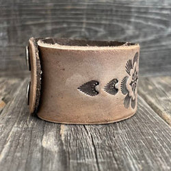 Genuine Tanned Boho Tooled Leather Bracelet with Flower - A
