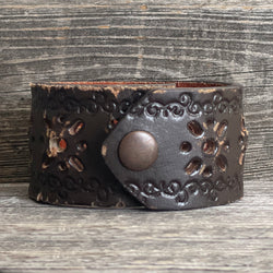 One of a kind Genuine Leather Bracelet Diamond Flower Copper Concho