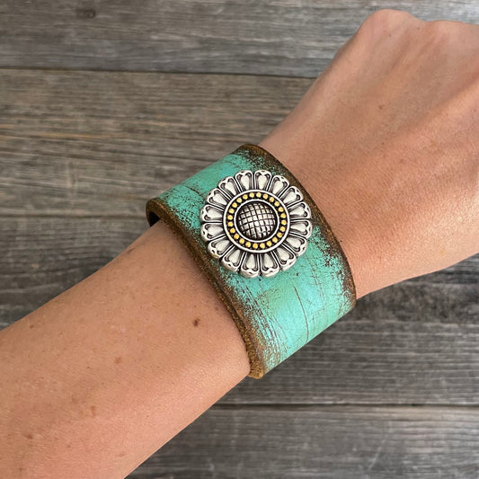 MADE TO ORDER - Turquoise Leather Bracelet with Sunflower Concho