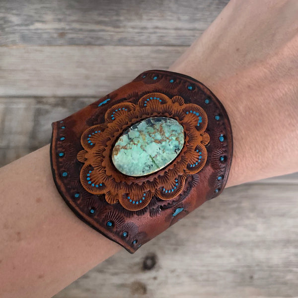 One of a Kind - Leather Bracelet with Genuine Campitos Turquoise