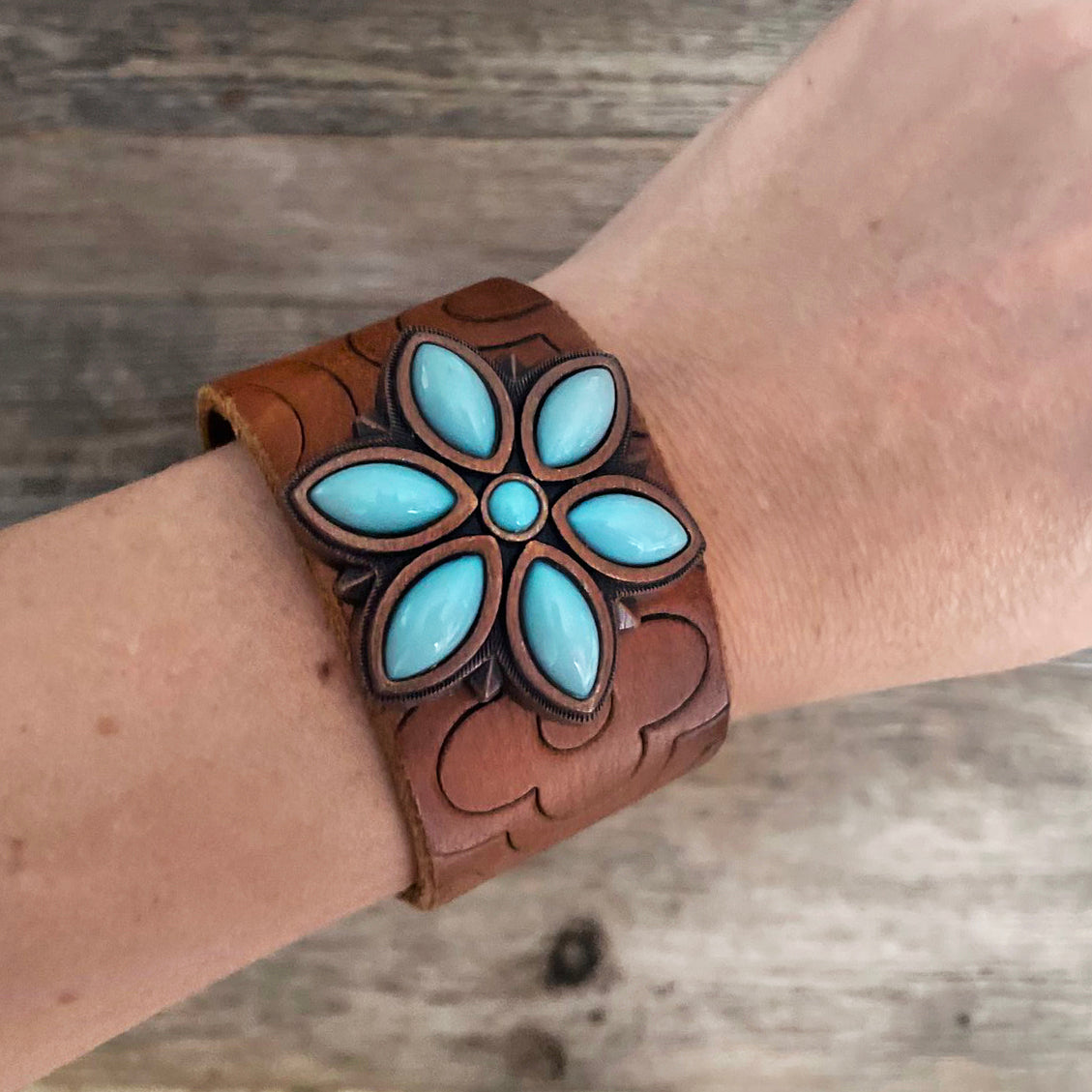 One of a kind Genuine Tooled Leather Bracelet Big Blue Flower Concho