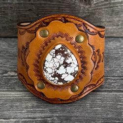 One of a Kind Tooled Leather Bracelet Genuine Appaloosa Stone