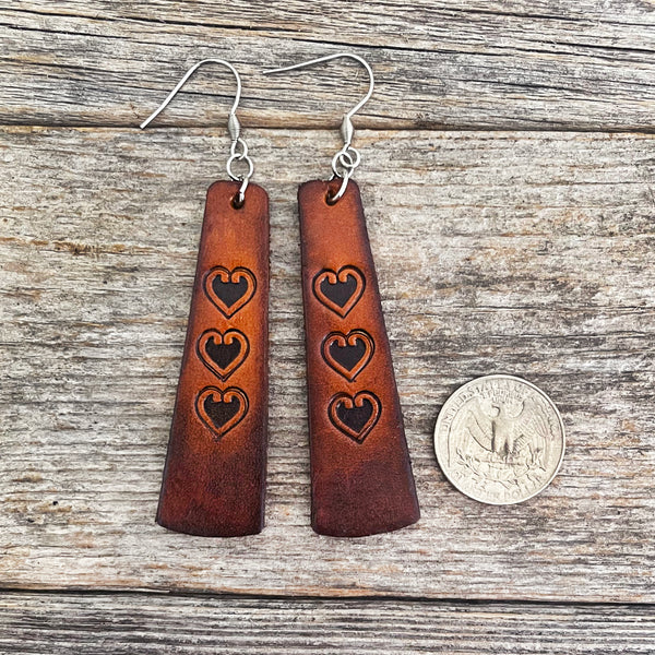 MADE TO ORDER - 3 Hearts Leather Drop Earrings | Artisanal Elegance