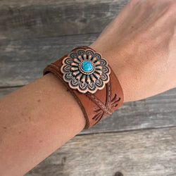 One of a kind Genuine Threaded Leather Bracelet with Flower Concho