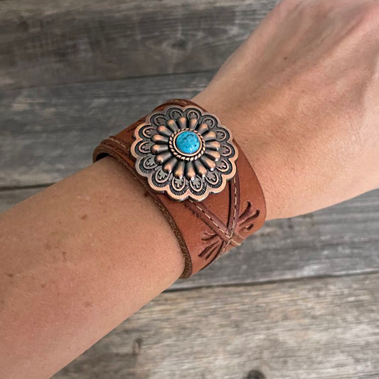 One of a kind genuine threaded leather bracelet with flower copper concho