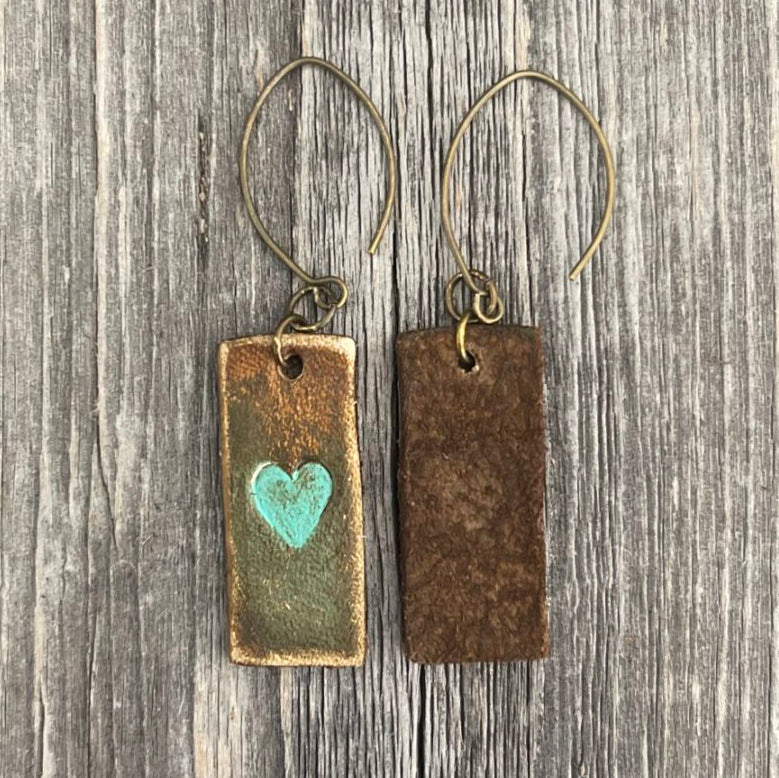 MADE TO ORDER - Leather Turquoise Heart Drop Earrings