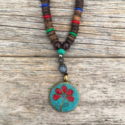 Purple And White Wooden Bead With Brass Bead Tibetan Necklace With Brass Fan Pendant Stone And Metal Is92 Purple And White Wooden Bead With Brass Bead Tibetan Necklace With Brass Fan Pendant Stone And Metal Is92