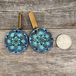 One of a Kind Handcrafted blue flower leather earrings