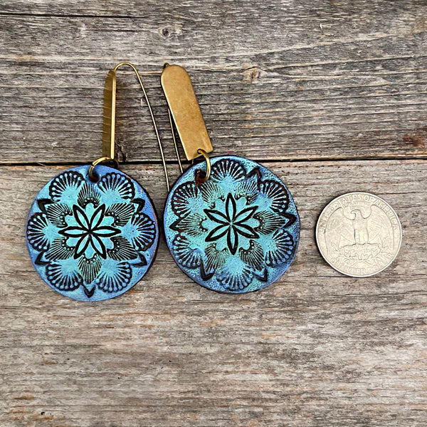 One of a Kind blue flower leather earrings