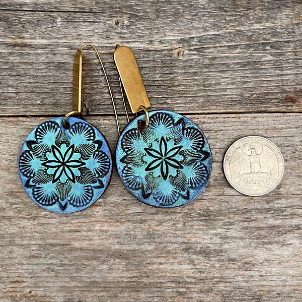 One of a Kind Handcrafted blue flower leather earrings