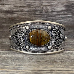 Natural Stone Hand Tooled Cuff Bracelet | Boho Accessories