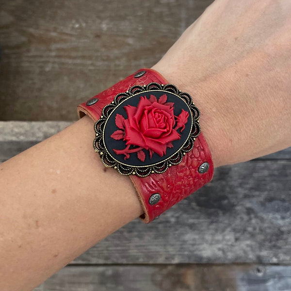 One of a Kind, Genuine leather red bracelet with cameo concho