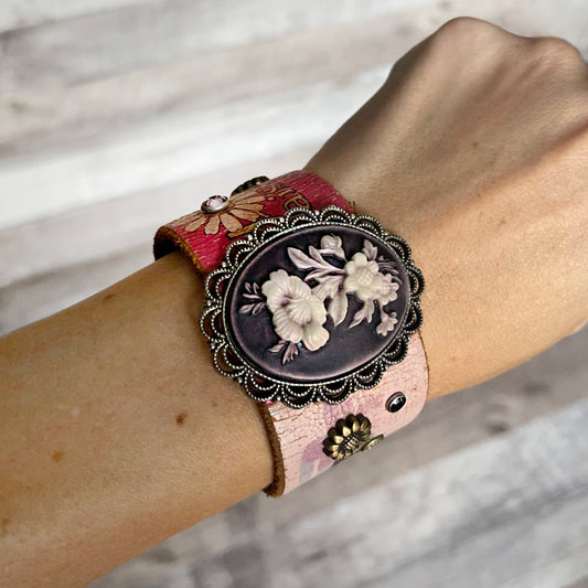 One of a Kind vintage leather bracelet with flowers cameo concho