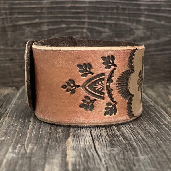 One of a kind, Wide Boho Leather Bracelet with Tooled Flower B