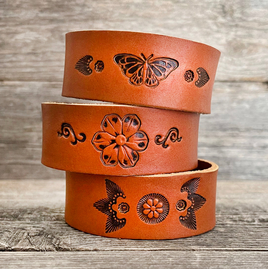 MADE TO ORDER - Genuine Caramel Brown Leather Embossed Bracelet