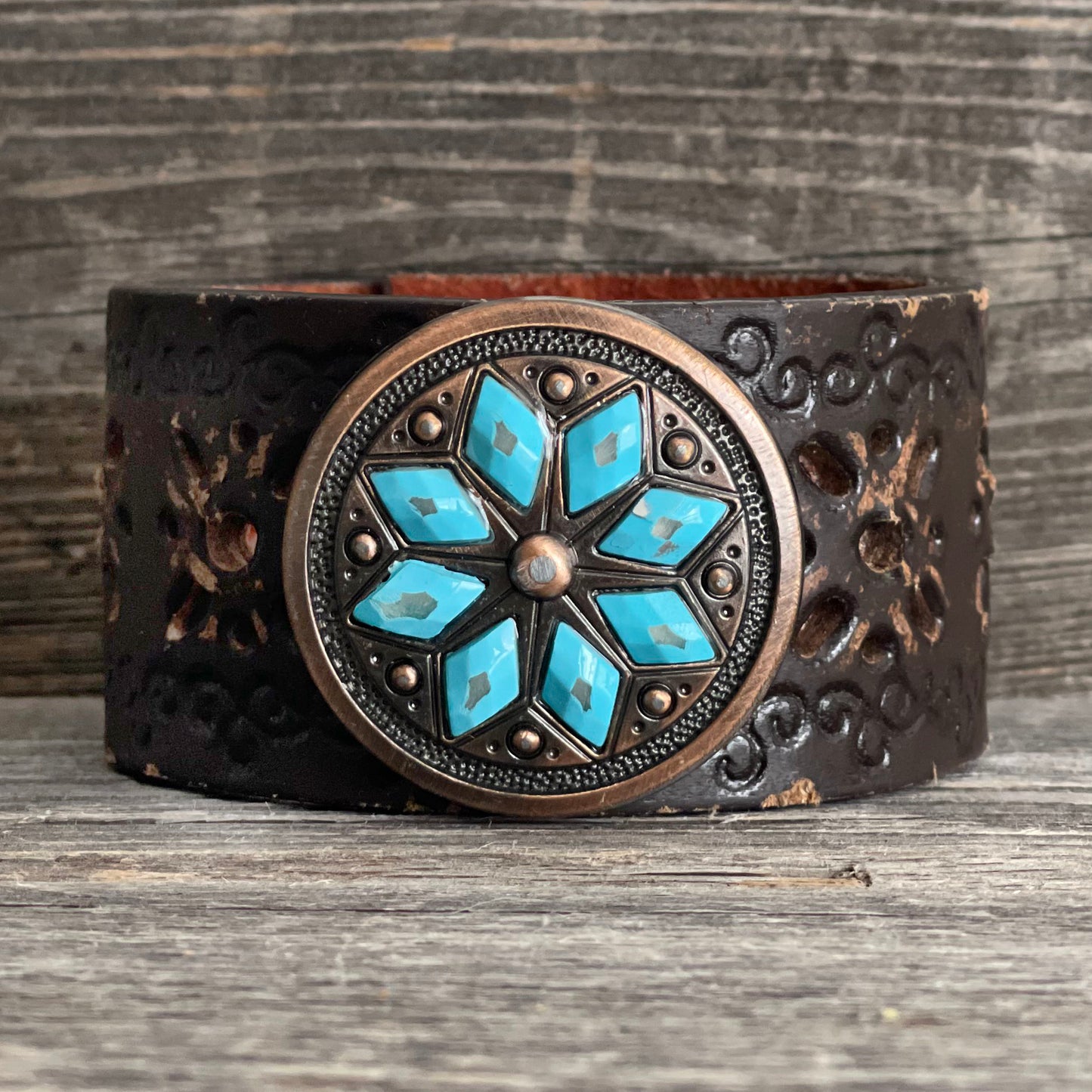 One of a kind Genuine Leather Bracelet Diamond Flower Copper Concho